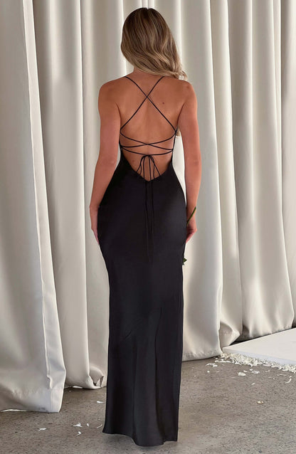 Noir Satin Maxi Jurk