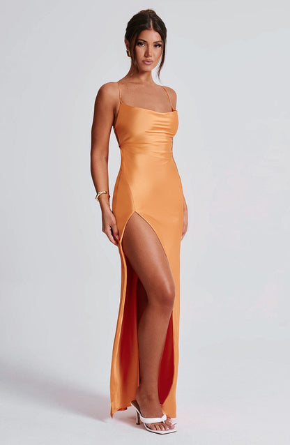 Noir Satin Maxi Jurk - Oranje